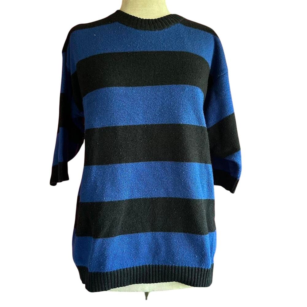 Vintage Sweater Womens Size Small Blue Black Striped Batwing Retro 80s Twee Indy